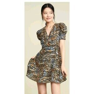 SALONI Ink Tiger Animal Print Black LEA Silk Wrap A-Line Mini Dress Size 4